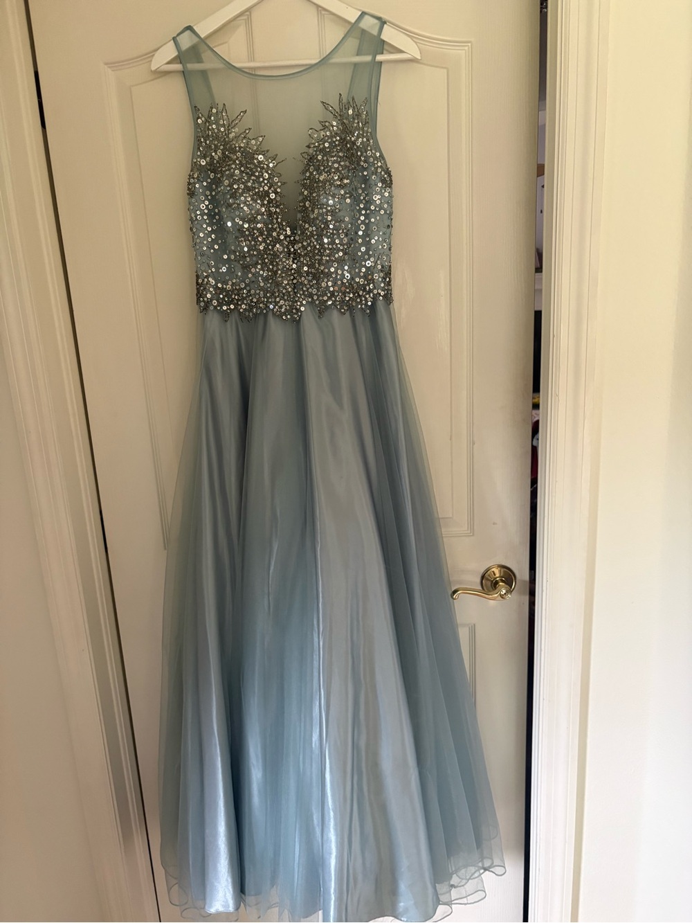 Betsy & Adam Silver-Blue Tulle Prom Gown with Beaded Bodice